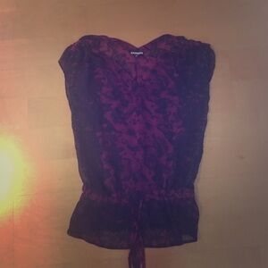 Express Black and Purple Sheer Butterfly Top XS